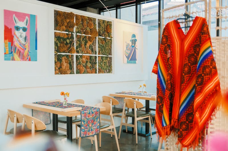 Outdoor patio dining area with string lights